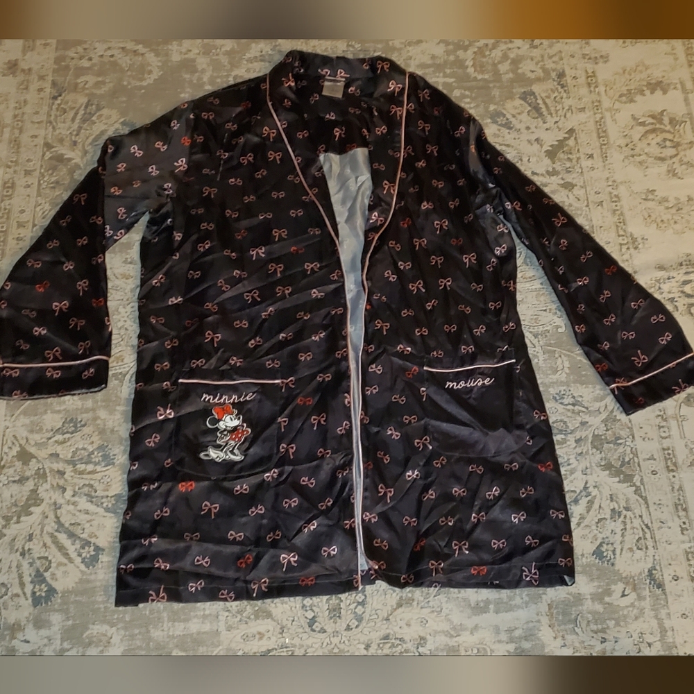 Minnie Mouse Silk Black Disney Robe Bow Pattern Open Front Size XL